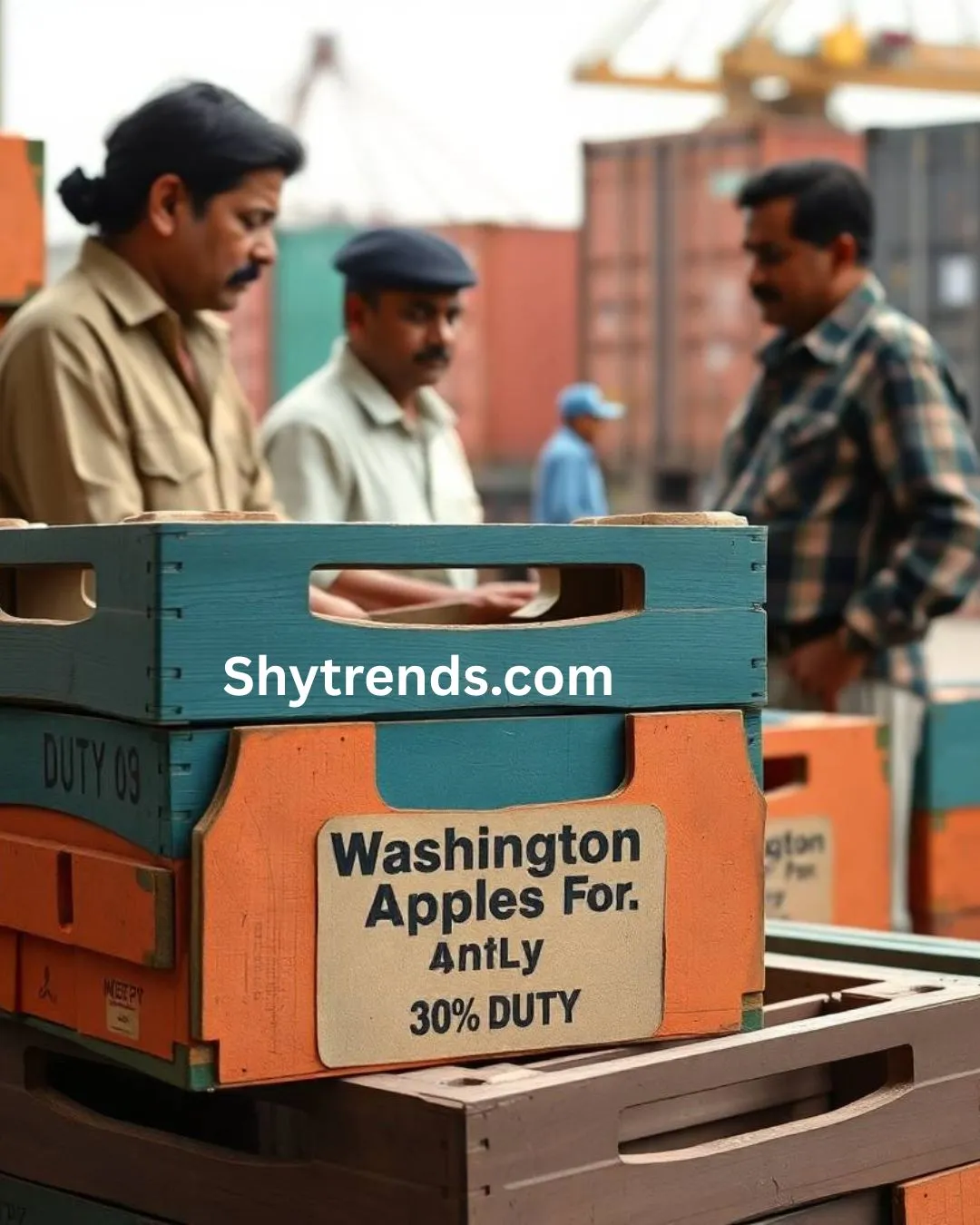 Customs officers at Mumbai port checking crates of Washington apples marked with new 30% tariff stickers, dockworkers unloading containers in background during ongoing India-U.S. trade war.