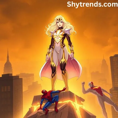 Emma Frost in diamond form with glowing psychic energy, wearing her Hellfire Club outfit while towering over defeated Marvel Rivals characters Spider-Man and Magneto. The battle-torn Hellfire Club skyscraper burns in the background with Ultron drones flying through smoke.