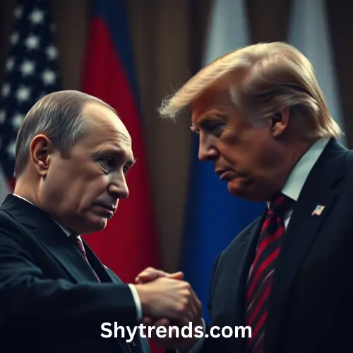 Putin and Trump shaking hands during a past meeting, symbolizing U.S.-Russia relations."